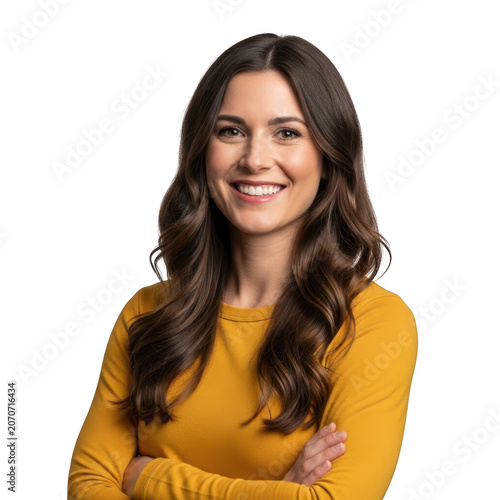 Smiling professional woman with curly hair in yellow top isolated on transparent background