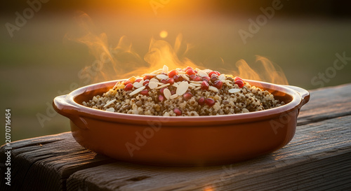 Quinoa dish with pomegranate seeds and almonds on fire