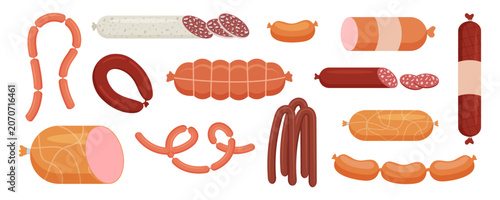 Set of various sausages and meat products. Collection of fresh and smoked deli food, salami, frankfurters, bratwurst, cervelat, culinary ingredients.