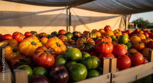 Colorful tomatoes in wooden crates at outdoor market
