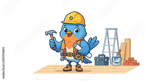 Bird Construction Worker Cartoon Character with Tools and Blueprints