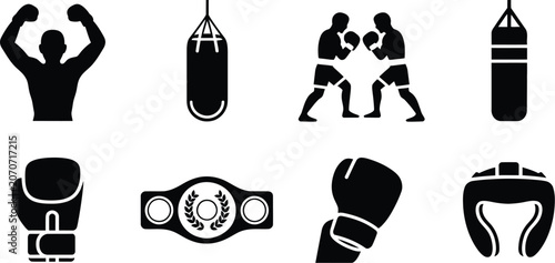 Photos Boxing training icon set, punching bags gloves fighters and protective gear for