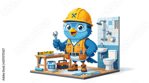 Blue bird construction worker with tools in a bathroom renovation scene