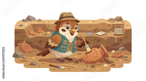 Cartoon Archaeologist Bird Excavating Ancient Pottery