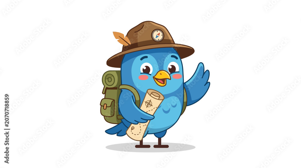 Naklejka premium Cartoon Blue Bird Explorer with Map and Backpack | Adventure Character