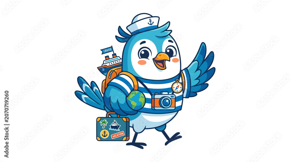 Obraz premium Cartoon sailor bird with suitcase, camera, backpack, and globe on a trip