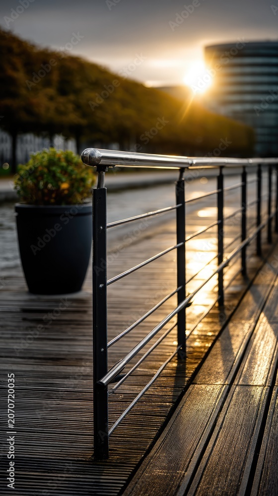 Fototapeta premium Wide angle view of a terrace at sunset with wooden floor and metal railing under golden light and background trees and buildings