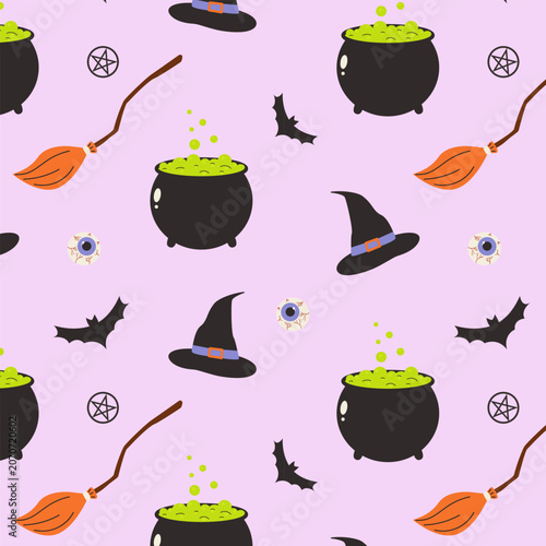 Vászonkép Spooky seamless pattern with witch cauldron magic hat and broom for autumn party celebration on purple background