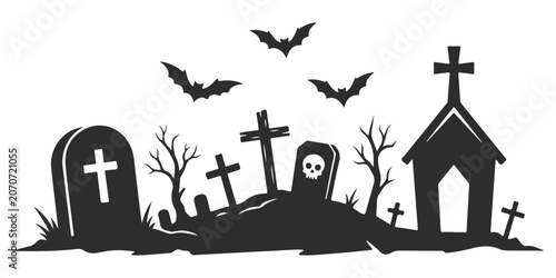 Foto Halloween graveyard silhouette with tombstones, crosses, bats and a church