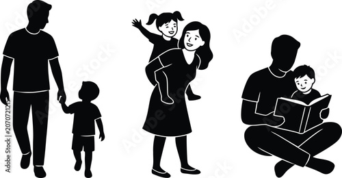 Obraz na płótnie Family silhouette collection walking piggyback and storytime scenes