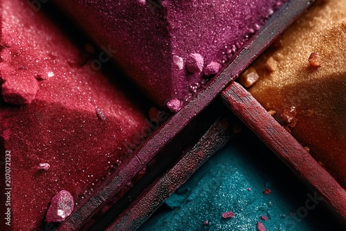 Macro view of colorful pigment powders in divided trays, ideal for creative materials, cosmetics, texture backgrounds and design concepts.