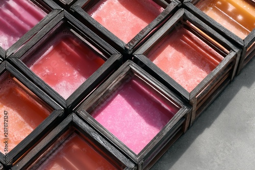 Overhead view of colorful liquid dye trays in wooden frames, ideal for craft production, material texture and creative background concepts.