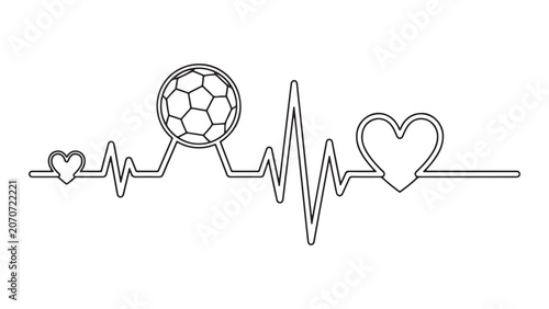 Outline Soccer Ball and Heartbeat Pulse Line Illustration