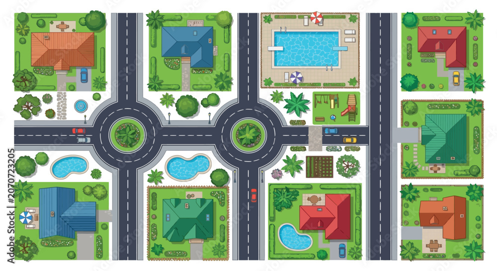 Obraz premium Residential area top down vector illustration with roads and landscaping