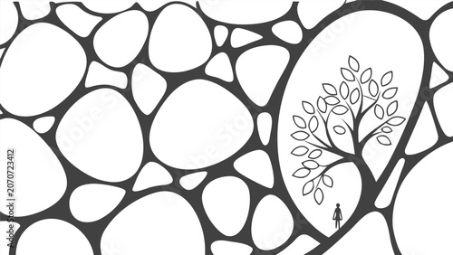 Organic Pebble Mosaic Tree Silhouette Vector Illustration with Cellular Stone Shapes and Nature Theme