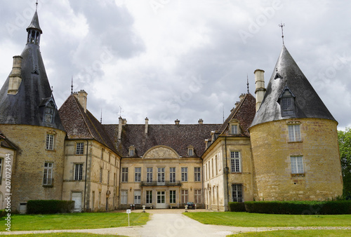 View on Commarin Castle. Clouded sky. Burgundy, France. June.