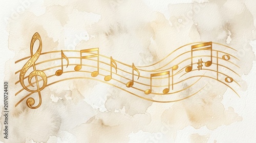 Golden musical notes and treble clef on watercolor paper texture