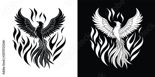 Fotografie Mythical phoenix rising from vibrant flames in bold black white