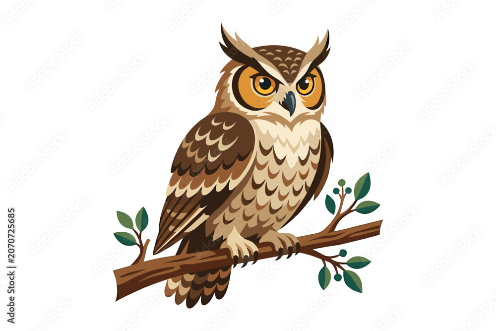 Obraz premium Great horned owl perched on branch detailed wildlife vector illustration with wildlife, predator