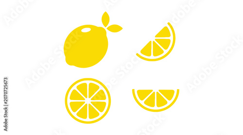 Photos Lemon in Various Slices Flat Design - A vibrant flat design illustration showcases a whole lemon with quarter slice, full cross-section, and half slice