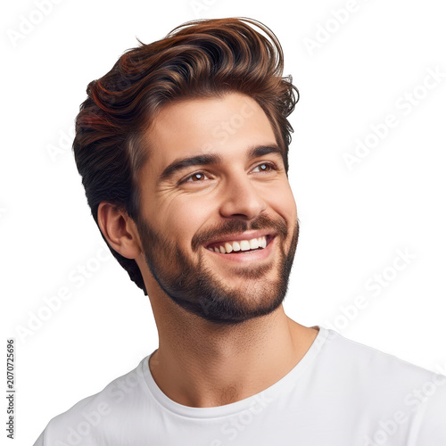 Smiling man with short beard and curly hair isolated on transparent background