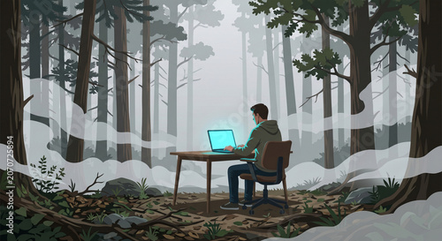 Vector illustration of a man working on a glowing laptop at a desk in the middle of a foggy forest, representing career stagnation, working without clear goals, and feeling lost.