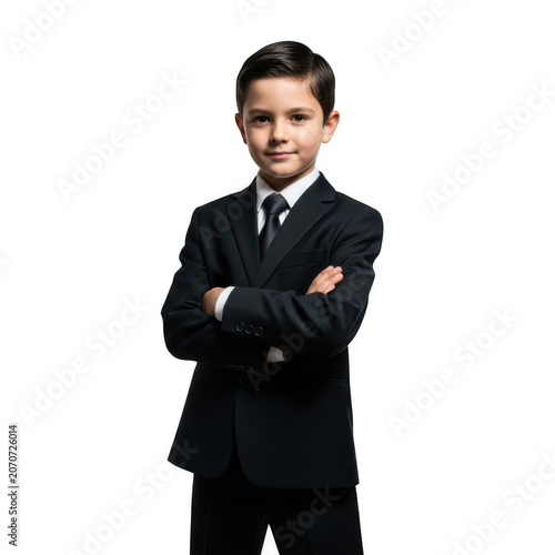 Young boy confidently standing with arms crossed isolated on transparent background