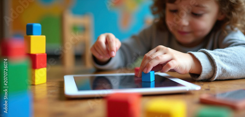 Child uses colorful building blocks on tablet device. Youngster learns playing game with digital tablet and tactile toys for early childhood development and education.