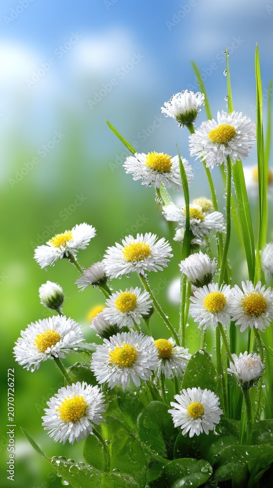 Fototapeta premium Bright white daisies bloom under a blue sky with white highlights and water droplets on the petals, creating a fresh scene filled with green leaves