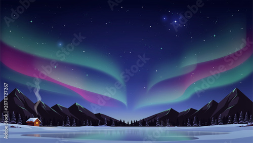 Cuadro en lienzo Aurora borealis glowing over snowy forest with pine trees at night