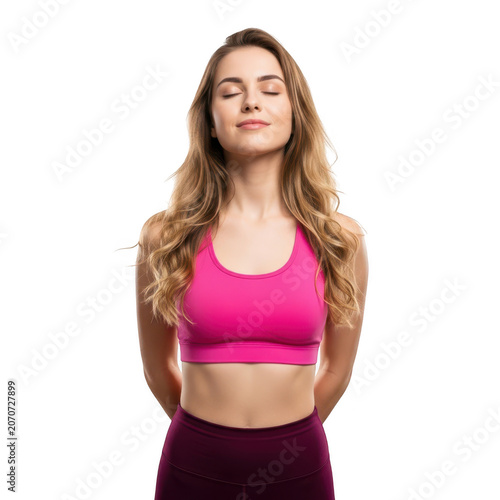 Woman with hands on eyes looking upward isolated on transparent background