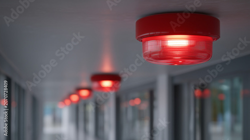 Red fire alarm devices installed on a modern building ceiling, representing fire safety, emergency systems, building protection, security compliance, and risk prevention.