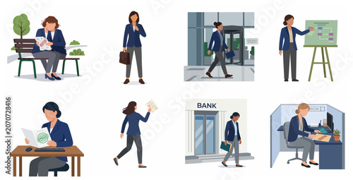 Set of Businesswoman Character Illustrations in Various Corporate and Professional Situations