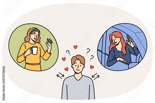 Love triangle involving man choosing girlfriend from two women, demonstrating male polygamy. Polygamy guy is romantically attracted to two girls at once and wants to date them all.