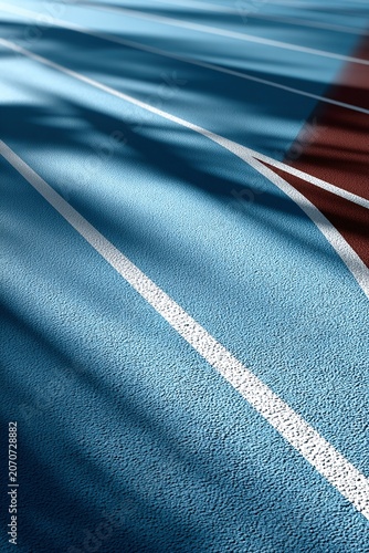 Blue running track with white lane lines and dramatic shadows, ideal for fitness, competition and sports motivation concepts.