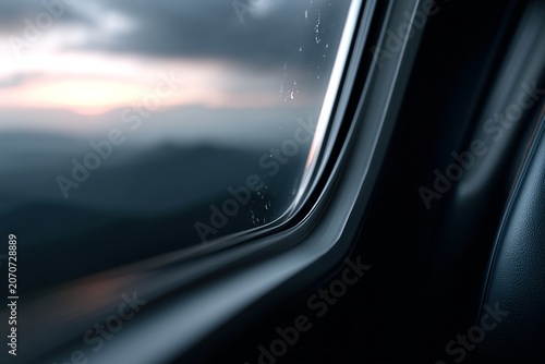 Close-up of a vehicle window at sunset with blurred landscape, ideal for road trip, travel mood and reflective journey concepts.