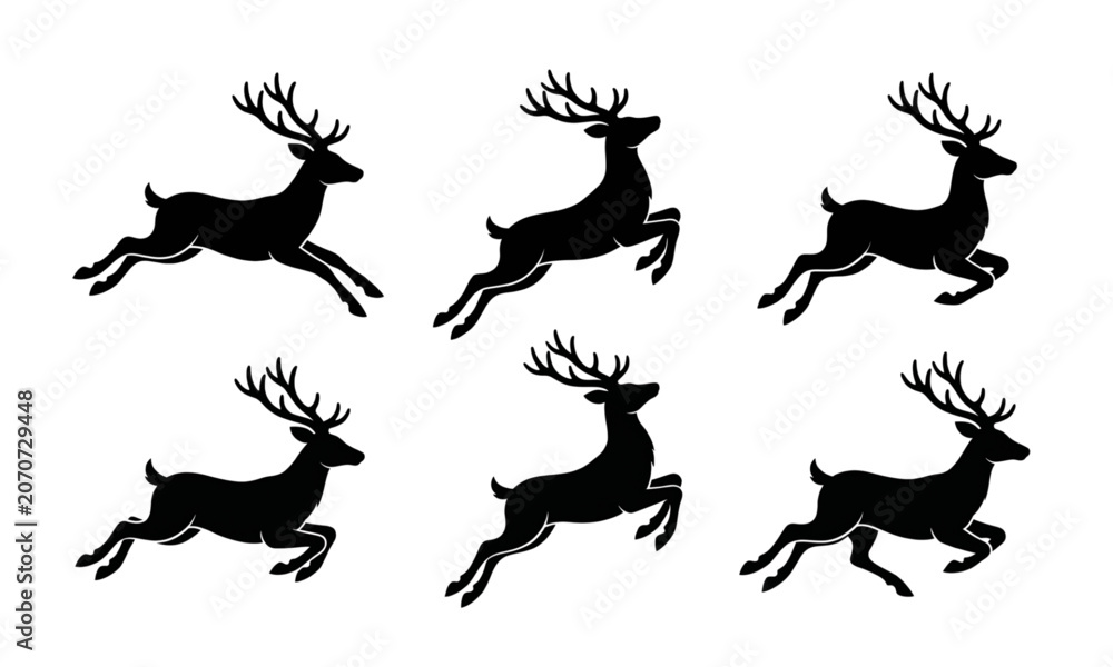 Fototapeta premium Running Christmas Reindeer Silhouettes Collection Stylized Deer Vector Illustration