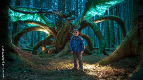 Curious child in blue jacket encountering a giant mystical root creature in a dark enchanted forest with cyan lighting, great for imagination and fantasy