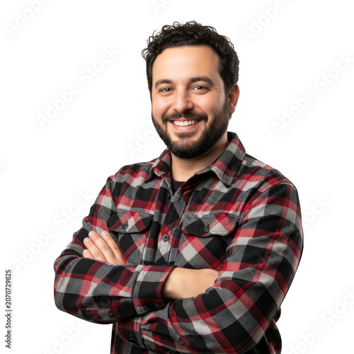 Smiling man with arms crossed on white background isolated on transparent background