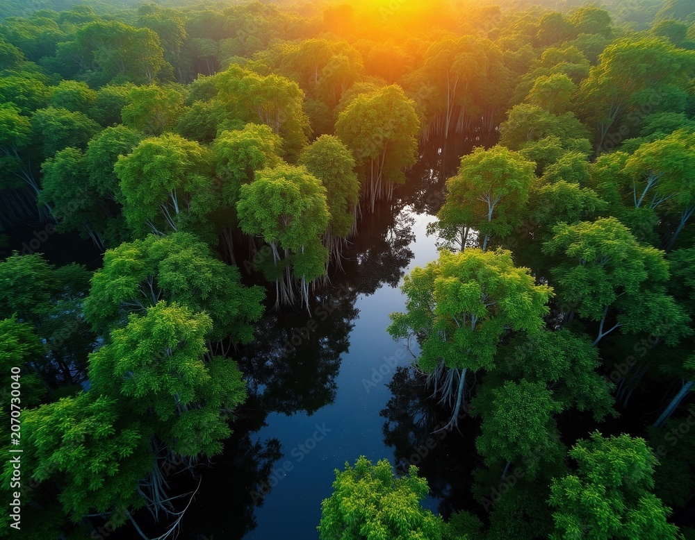 Naklejka premium Green mangrove forest grows in dark water at sunrise. Dense trees with visible roots reflect in calm water. Aerial view shows rich canopy and bright sun.