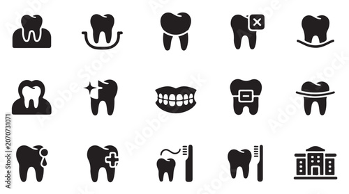Bild auf Leinwand Stomatology dental treatment icons showing tooth extraction braces cleaning and gum health
