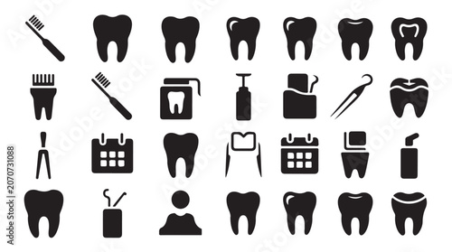 Photos Dental hygiene icons including toothbrushes floss dispensers calendars and molar graphics