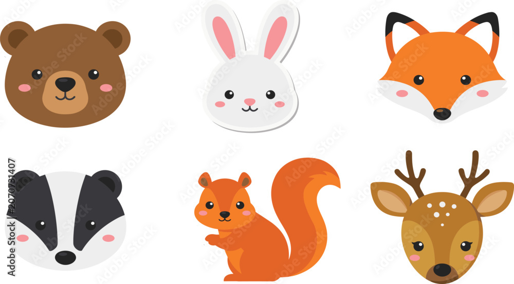 Fototapeta premium Cute Woodland Animal Face Collection with Bear Rabbit Fox and Deer