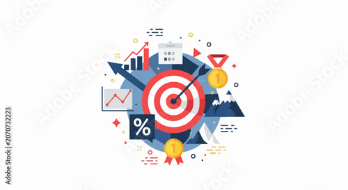 Business Goal Achievement Concept Illustration with Target, Arrow, Gold Medals, and Growth Charts for Marketing Strategy and Success