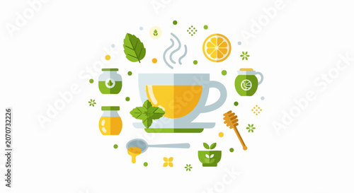 Herbal Tea Flat Design Illustration with Honey, Mint, Lemon and Wellness Icons. Modern Minimalist Vector for Healthy Lifestyle, Detox, and Organic Drink Concept.