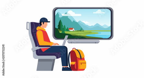 Digital Nomad Working on Laptop During Travel with Scenic Mountain View Illustration