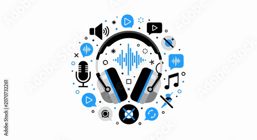 Modern Podcast and Music Production Illustration with Headphones, Microphone, and Audio Frequency Waves. Flat Graphic Design for Sound Engineering and Digital Streaming Services.