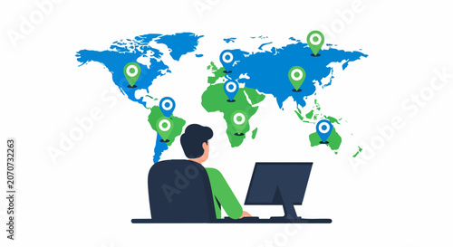 Professional Man at Desk Facing World Map with Location Pins for Global Business, Logistics, and Remote Work Connectivity Illustration