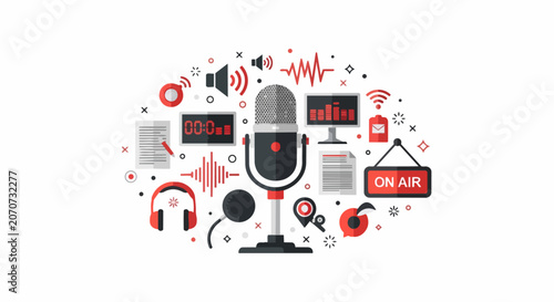 Podcast and Radio Broadcasting Studio Equipment Illustration with Professional Microphone, Headphones, Sound Waves, and On Air Sign in Modern Flat Design