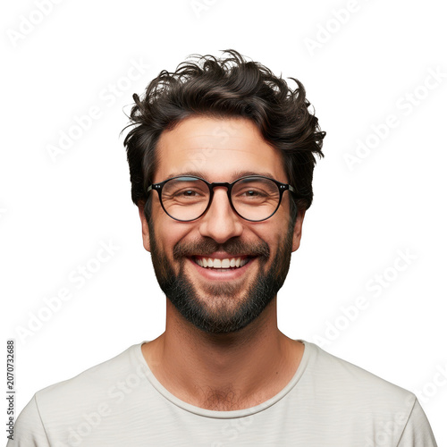Smiling man with glasses looking happy isolated on transparent background